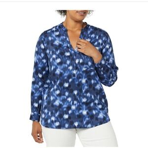 Daily ritual women Georgette fluid drape Long-sleeve Henley Pocket Blue Tunic S